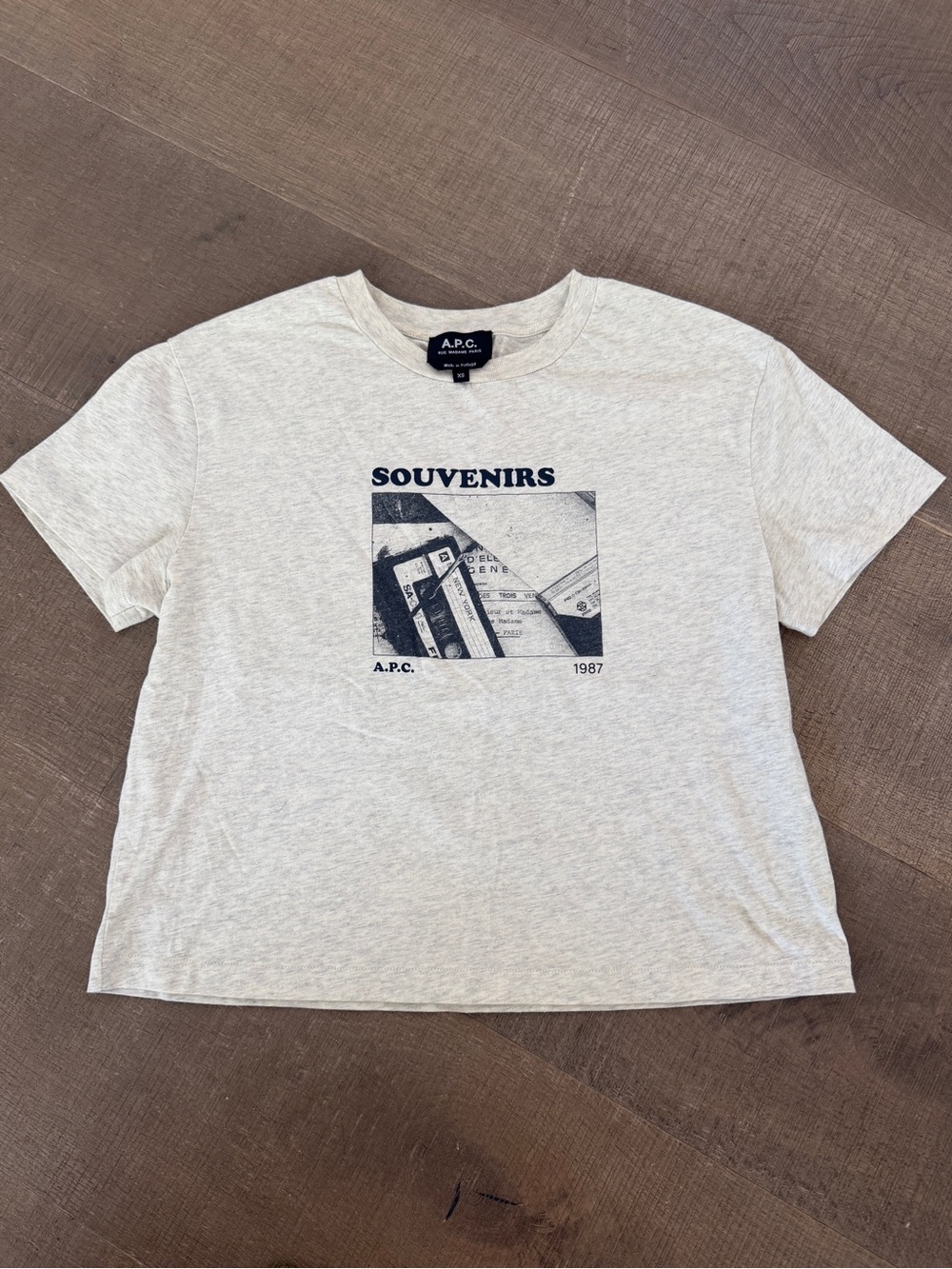 A.P.C. Short-Sleeve 'Souvenirs' Graphic Tee - Light Gray with Navy Print